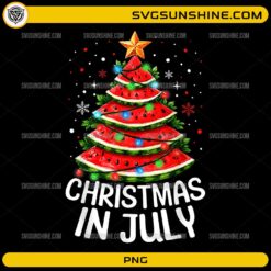 Watermelon Christmas in July PNG featuring a Christmas tree made from watermelon slices decorated with colorful holiday lights.