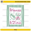 Weenies and Tinis PNG featuring a hot dog and martini glass with a pink coquette bow and green striped border
