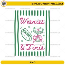 Weenies and Tinis PNG featuring a hot dog and martini glass with a pink coquette bow and green striped border