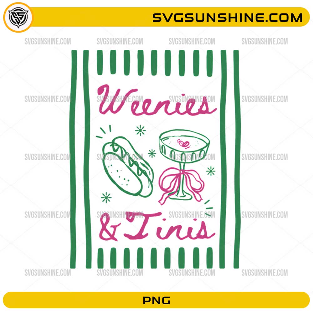 Weenies and Tinis PNG featuring a hot dog and martini glass with a pink coquette bow and green striped border