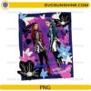 Wicked Wonderland inspired PNG with fantasy villain girls, flowers, butterflies, and purple checkerboard design for Cricut and sublimation.