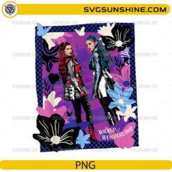 Wicked Wonderland inspired PNG with fantasy villain girls, flowers, butterflies, and purple checkerboard design for Cricut and sublimation.