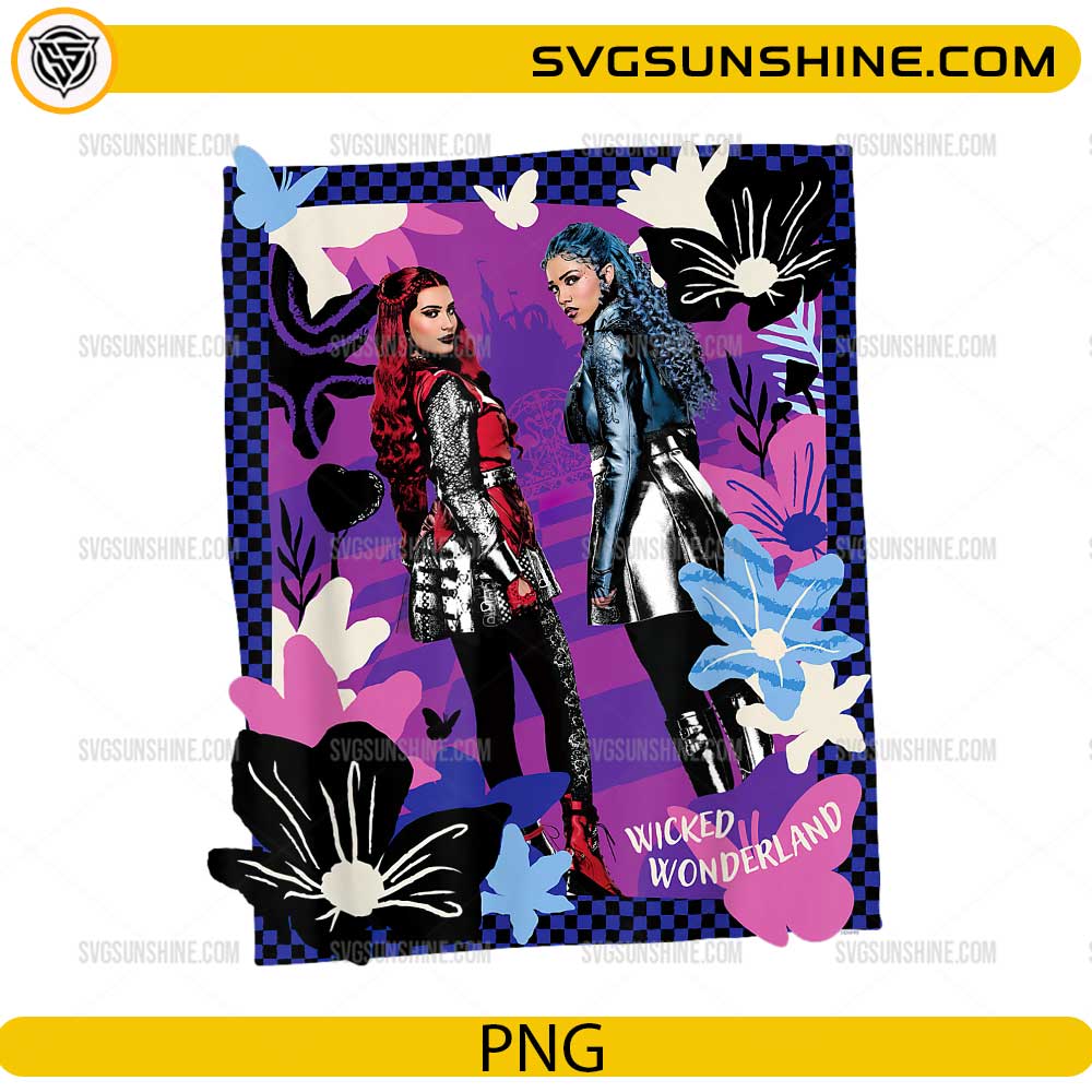 Wicked Wonderland inspired PNG with fantasy villain girls, flowers, butterflies, and purple checkerboard design for Cricut and sublimation.