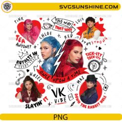 Wicked Wonderland Once Upon a Time PNG with colorful fantasy characters, doodle hearts, arrows, lightning bolt, and magical party design for Cricut and sublimation.