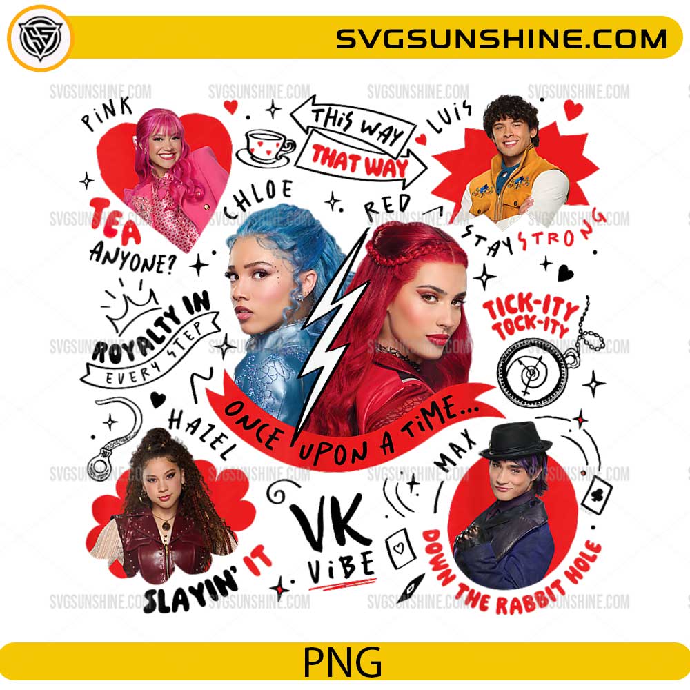 Wicked Wonderland Once Upon a Time PNG with colorful fantasy characters, doodle hearts, arrows, lightning bolt, and magical party design for Cricut and sublimation.