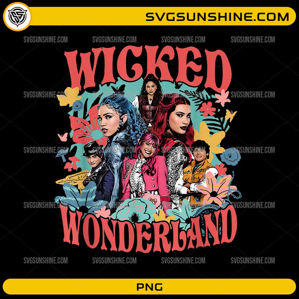 Wicked Wonderland PNG fantasy villain kids inspired design with colorful characters and floral details
