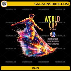World Cup 2026 One Game One World PNG with colorful soccer player and football design