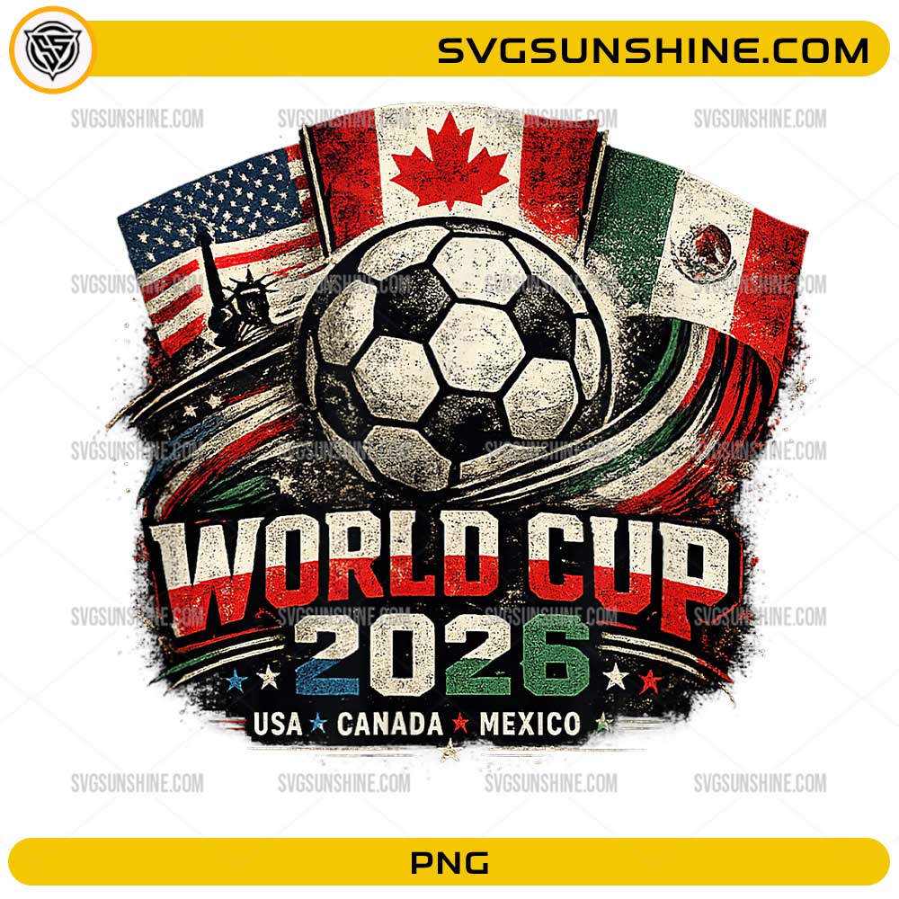 World Cup 2026 USA Canada Mexico PNG featuring soccer ball with USA Canada and Mexico flags