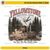 Yellowstone National Park Do Not Pet The Fluffy Cows Bison PNG featuring a charging American bison tossing a tourist with a humorous wildlife warning.