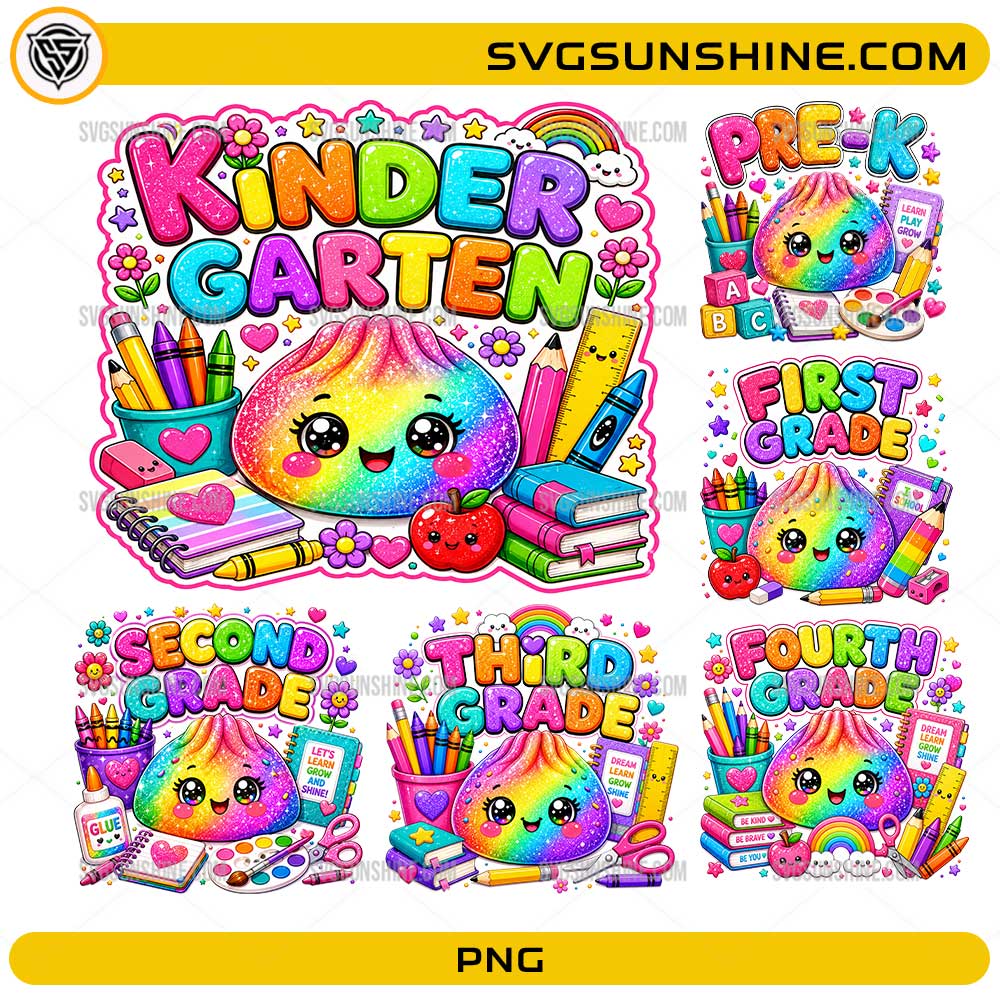 Back to School Dumpling Bundle PNG with cute rainbow Pre-K to Fourth Grade school designs