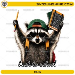 Back to School Raccoon PNG featuring a cute raccoon with sunglasses, backpack, pencil, and notebooks