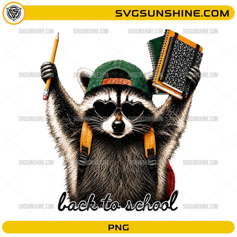 Back to School Raccoon PNG featuring a cute raccoon with sunglasses, backpack, pencil, and notebooks