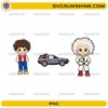 Back To The Future Chibi PNG featuring Marty McFly Doc Brown and DeLorean cartoon design