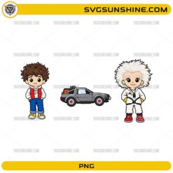 Back To The Future Chibi PNG featuring Marty McFly Doc Brown and DeLorean cartoon design