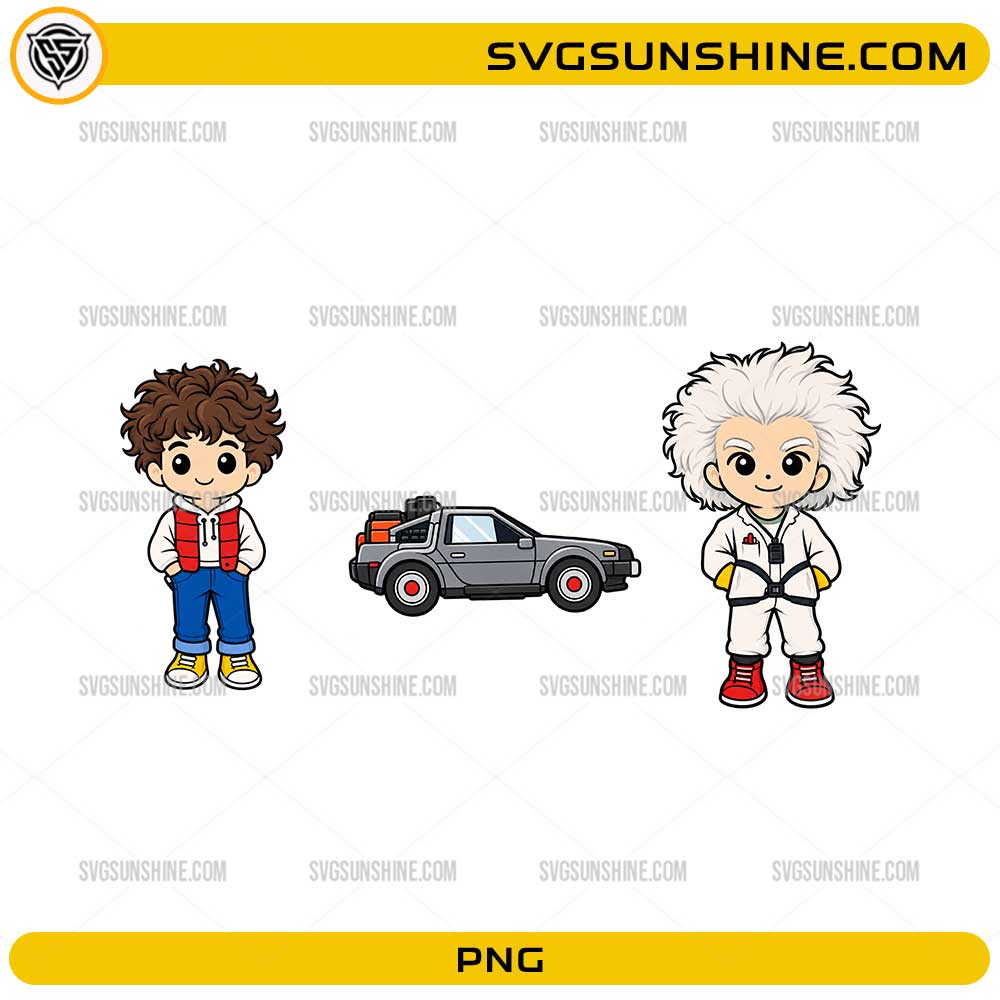 Back To The Future Chibi PNG featuring Marty McFly Doc Brown and DeLorean cartoon design