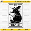 Black Cat Death Tarot Card SVG featuring a witch hat cat in a gothic tarot card design for Halloween crafting