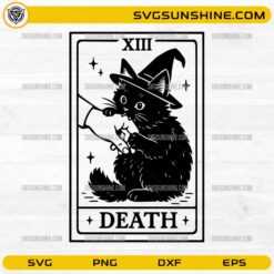 Black Cat Death Tarot Card SVG featuring a witch hat cat in a gothic tarot card design for Halloween crafting