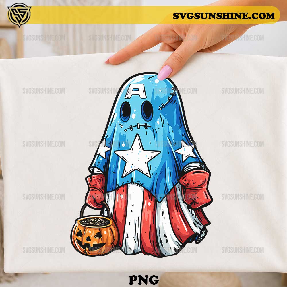 Captain America Halloween Ghost PNG cute ghost character holding pumpkin trick or treat bucket