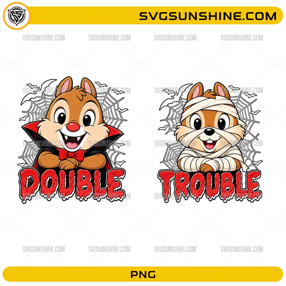 Chip and Dale Double Trouble Halloween PNG Bundle featuring vampire and mummy costumes with spooky Halloween elements