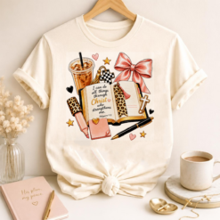 White t-shirt mockup featuring the Christian Bible Coffee PNG design with Philippians 4:13, iced coffee, pink bow, and Bible journaling accessories.