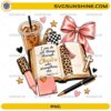 Christian Bible Coffee PNG featuring an open Bible with Philippians 4:13, iced coffee, pink bow, cross bookmark, and Bible journaling accessories