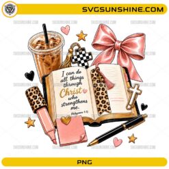 Christian Bible Coffee PNG featuring an open Bible with Philippians 4:13, iced coffee, pink bow, cross bookmark, and Bible journaling accessories