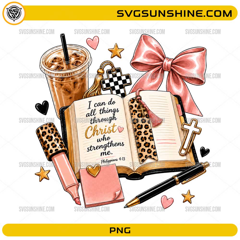 Christian Bible Coffee PNG featuring an open Bible with Philippians 4:13, iced coffee, pink bow, cross bookmark, and Bible journaling accessories