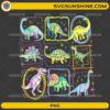 Colorful Dinosaur PNG featuring a collection of cute watercolor dinosaurs including T-Rex, Triceratops, Stegosaurus, Brontosaurus, and other prehistoric creatures.