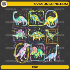 Colorful Dinosaur PNG featuring a collection of cute watercolor dinosaurs including T-Rex, Triceratops, Stegosaurus, Brontosaurus, and other prehistoric creatures.