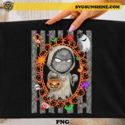 Cute Black Panther Ghost Halloween PNG Design with pumpkin candy bucket, bats, spiders, and Halloween decorations