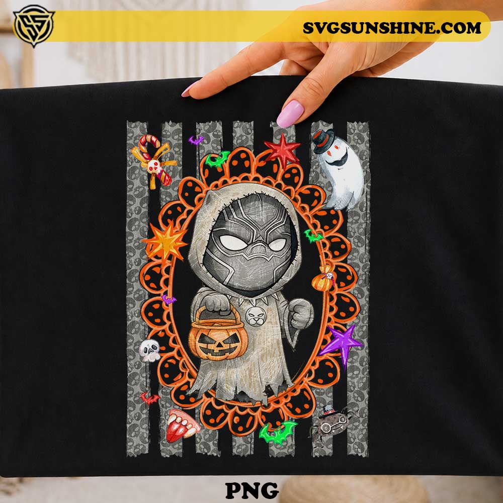 Cute Black Panther Ghost Halloween PNG Design with pumpkin candy bucket, bats, spiders, and Halloween decorations