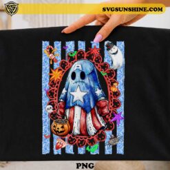 Cute Captain America Ghost Halloween PNG Design with pumpkin candy bucket, stars, bats, spiders, and Halloween decorations