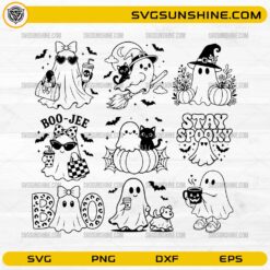 Cute Ghost Halloween SVG Bundle featuring Boo-Jee ghosts, Stay Spooky quotes, pumpkins, black cats, witches hats, and coffee-themed Halloween designs