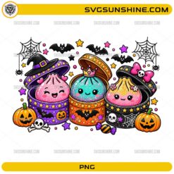 Cute Halloween Dumpling PNG featuring kawaii dumplings with pumpkins, bats, spider webs, stars, candy, and Halloween decorations