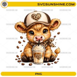 Cute Highland Cow Coffee PNG with leopard heart hat, scarf, and iced coffee digital download