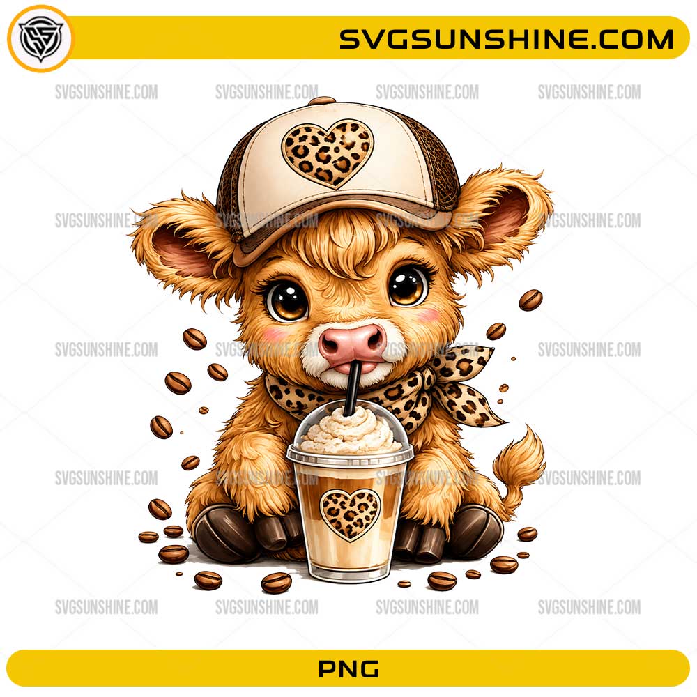 Cute Highland Cow Coffee PNG with leopard heart hat, scarf, and iced coffee digital download