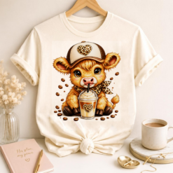 Cute Highland Cow Coffee PNG displayed on a white t-shirt mockup featuring a baby Highland cow with a leopard heart hat, scarf, and iced coffee.