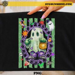 Cute Hulk Ghost Halloween PNG Design with pumpkin candy bucket, bats, spiders, and festive Halloween decorations