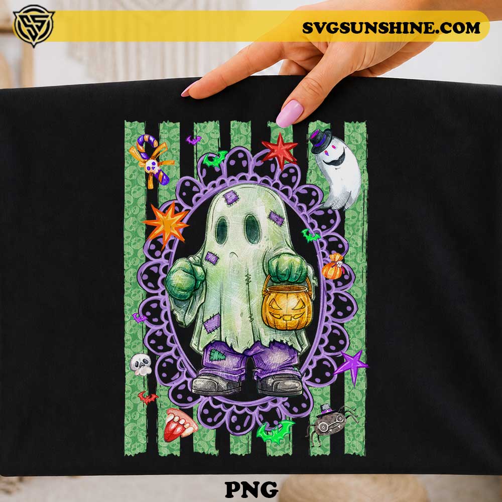 Cute Hulk Ghost Halloween PNG Design with pumpkin candy bucket, bats, spiders, and festive Halloween decorations
