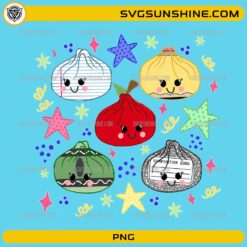 Cute School Supplies Dumpling PNG with kawaii dumpling characters featuring notebook paper, composition book, and colorful school-themed designs.