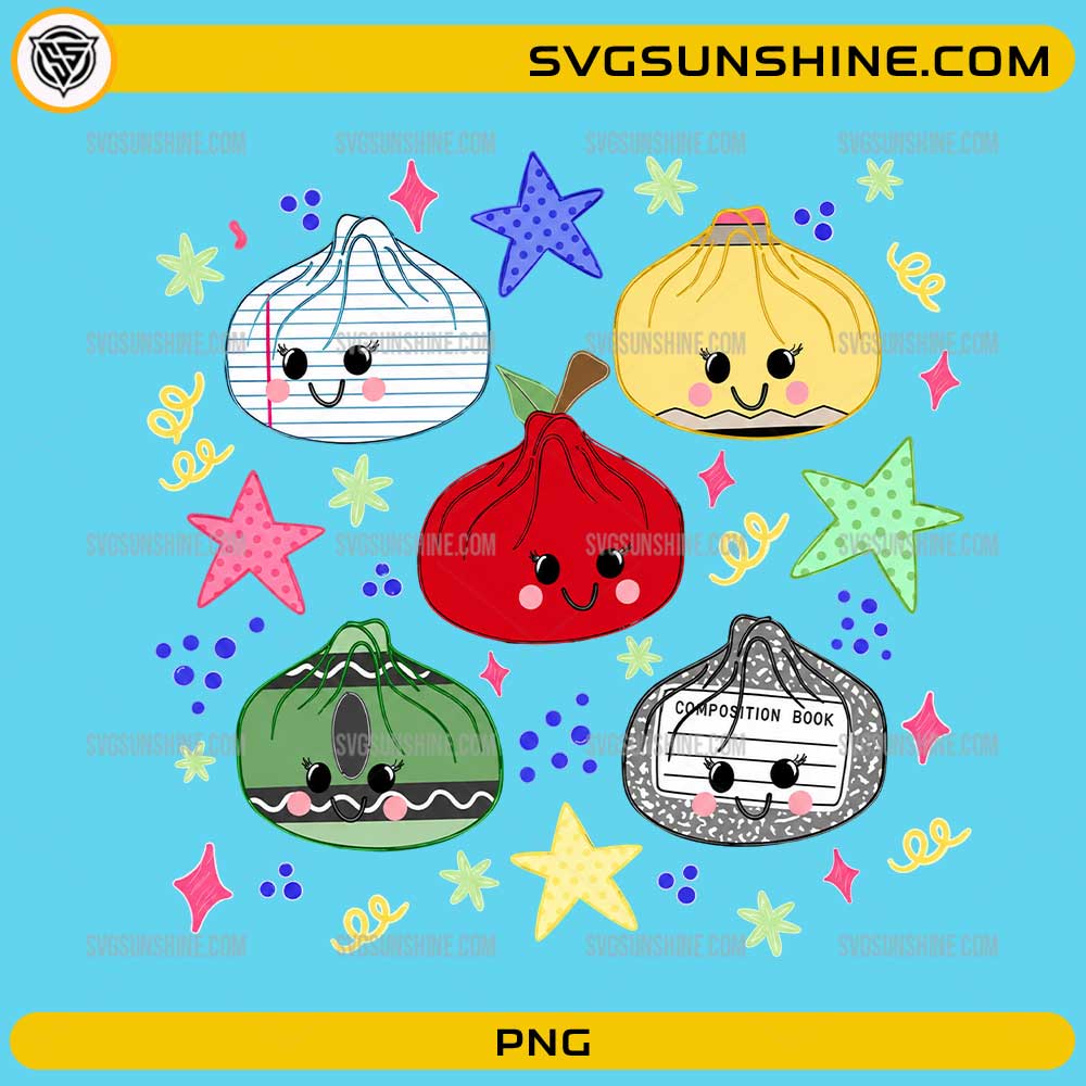 Cute School Supplies Dumpling PNG with kawaii dumpling characters featuring notebook paper, composition book, and colorful school-themed designs.