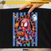 Cute Spider-Man ghost Halloween PNG design with pumpkin bucket, bats, candy, and spooky decorations