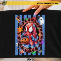 Cute Spider-Man ghost Halloween PNG design with pumpkin bucket, bats, candy, and spooky decorations