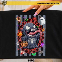 Cute Venom Ghost Halloween PNG Design with pumpkin candy bucket, sharp teeth, long tongue, bats, spiders, and Halloween decorations