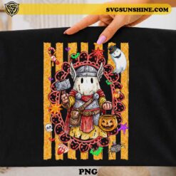 Cute Viking ghost Halloween PNG design with horned helmet, pumpkin candy bucket, and spooky decorations