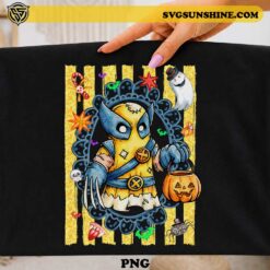 Cute Wolverine Ghost Halloween PNG Design with pumpkin candy bucket, claws, bats, spiders, and Halloween decorations
