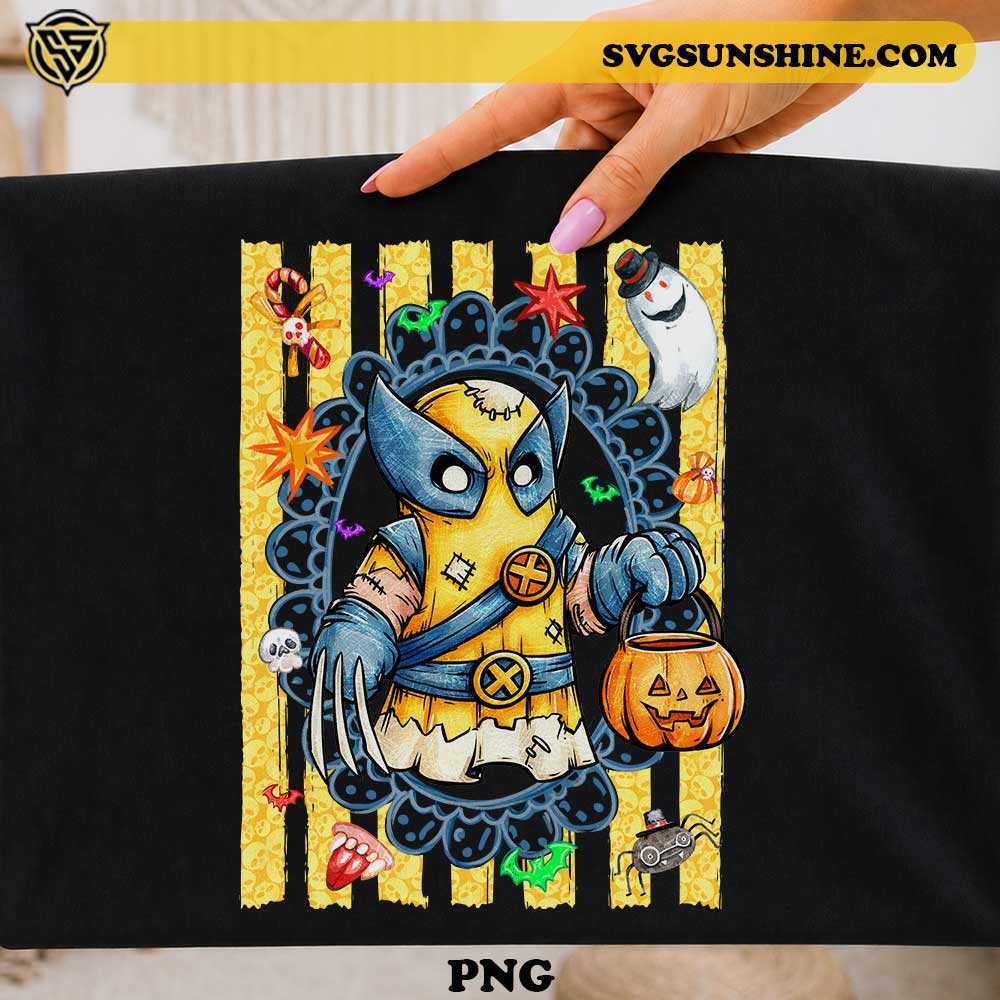 Cute Wolverine Ghost Halloween PNG Design with pumpkin candy bucket, claws, bats, spiders, and Halloween decorations