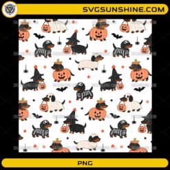 Dachshund Halloween Seamless Pattern featuring cute wiener dogs dressed in pumpkin, ghost, skeleton, witch, and mummy costumes with Halloween elements