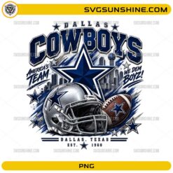 Dallas Cowboys America's Team PNG with football helmet, football, star logo, and Dallas skyline design
