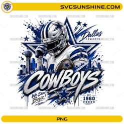 Dallas Cowboys We Dem Boyz PNG football player design with star graphics and city skyline digital download